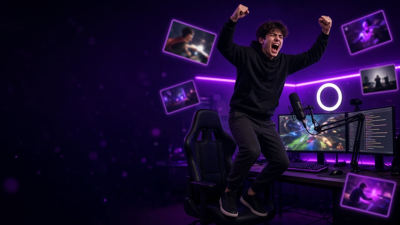 An original streamer celebrating at a desk with monitors and a microphone