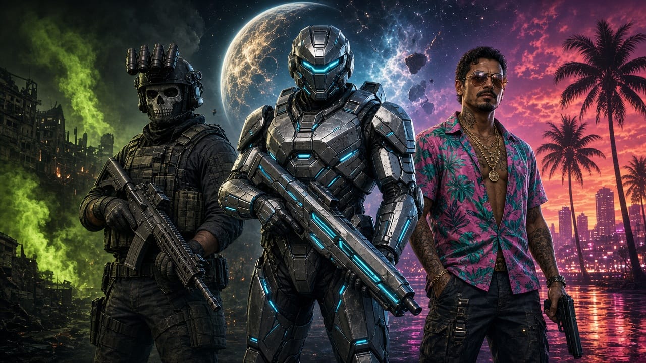 Three original characters: a tactical fighter, an armored soldier, and a man in a bright shirt
